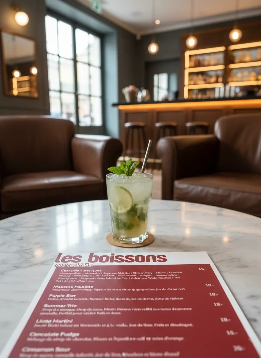 Red and cream drinks menu on a table, with a cocktail
