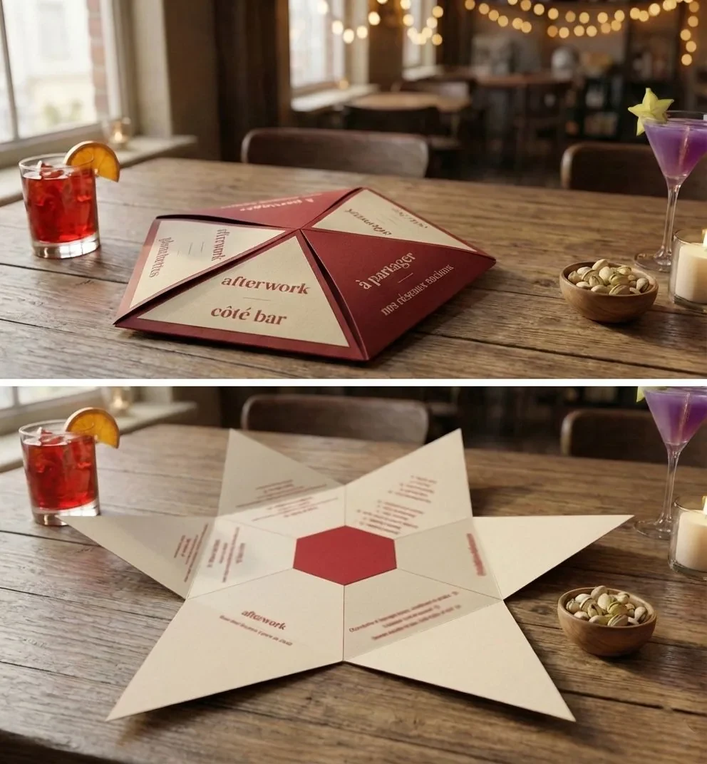 Star-folded bar-snacks menu, closed then open on a table