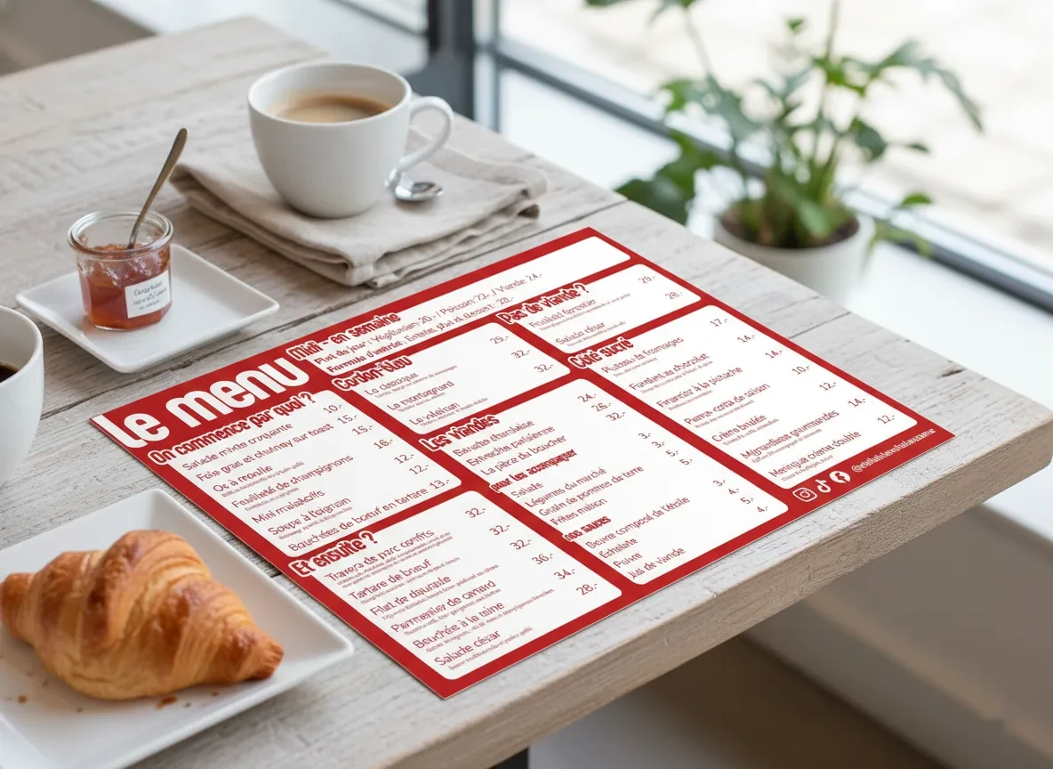 Red and white menu used as a placemat, with a coffee and a croissant