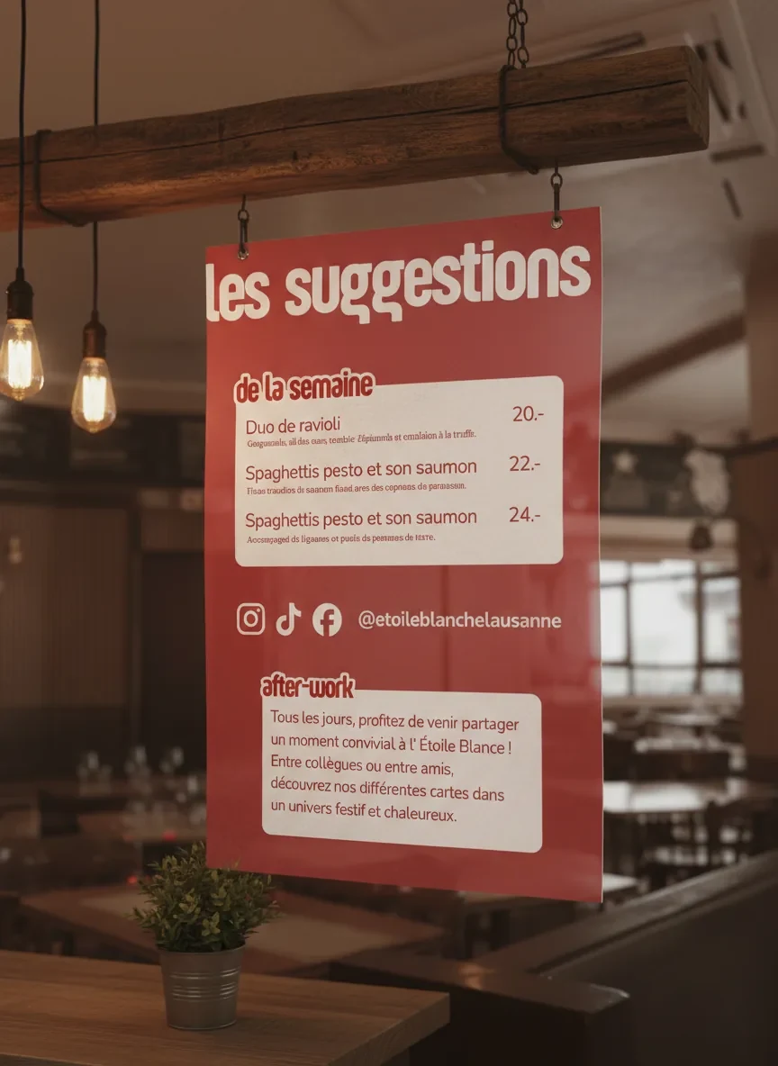 Weekly specials menu on a restaurant table