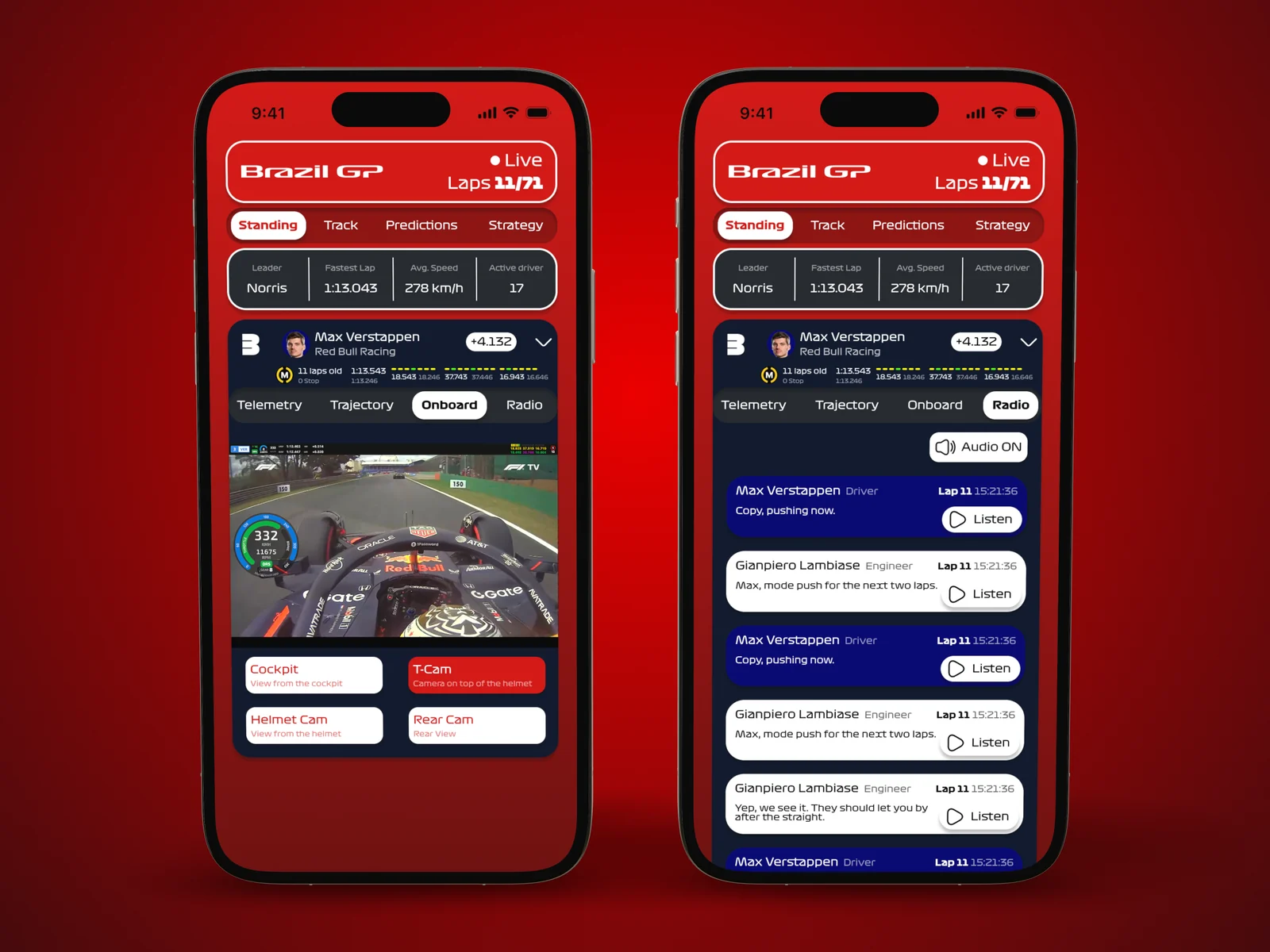 Two screens: a driver’s onboard camera and the radio message feed