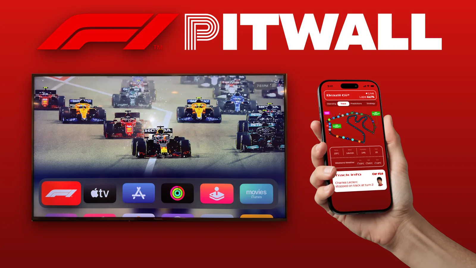 The race on a TV, and the PitWall app in a fan’s hand showing the live standings