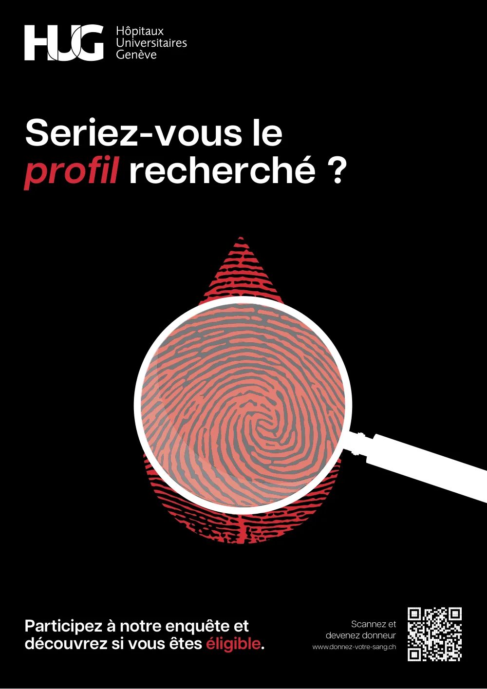 Affiche noire « Seriez-vous le profil recherché ? » avec une empreinte digitale sous une loupe