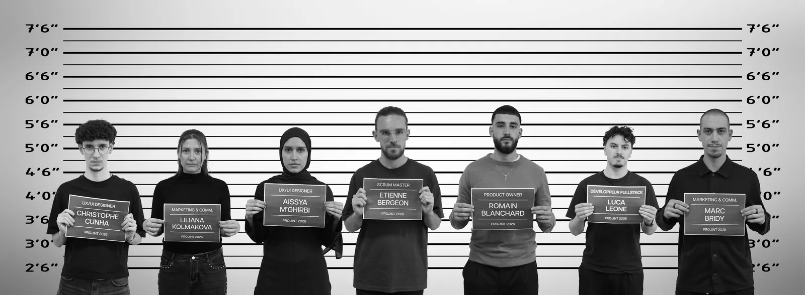 Les sept membres de l’équipe photographiés devant une toise, chacun tenant une pancarte avec son nom et son rôle