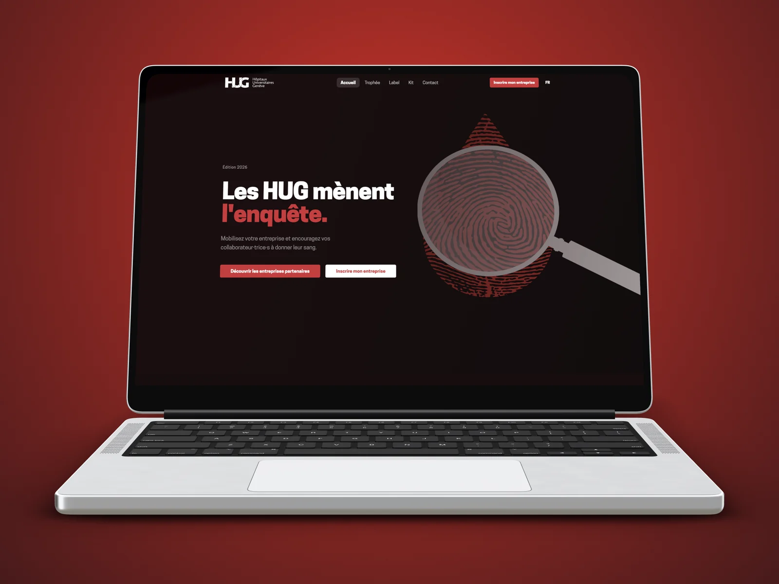Page d’accueil : « Les HUG mènent l’enquête », avec une loupe sur une goutte de sang