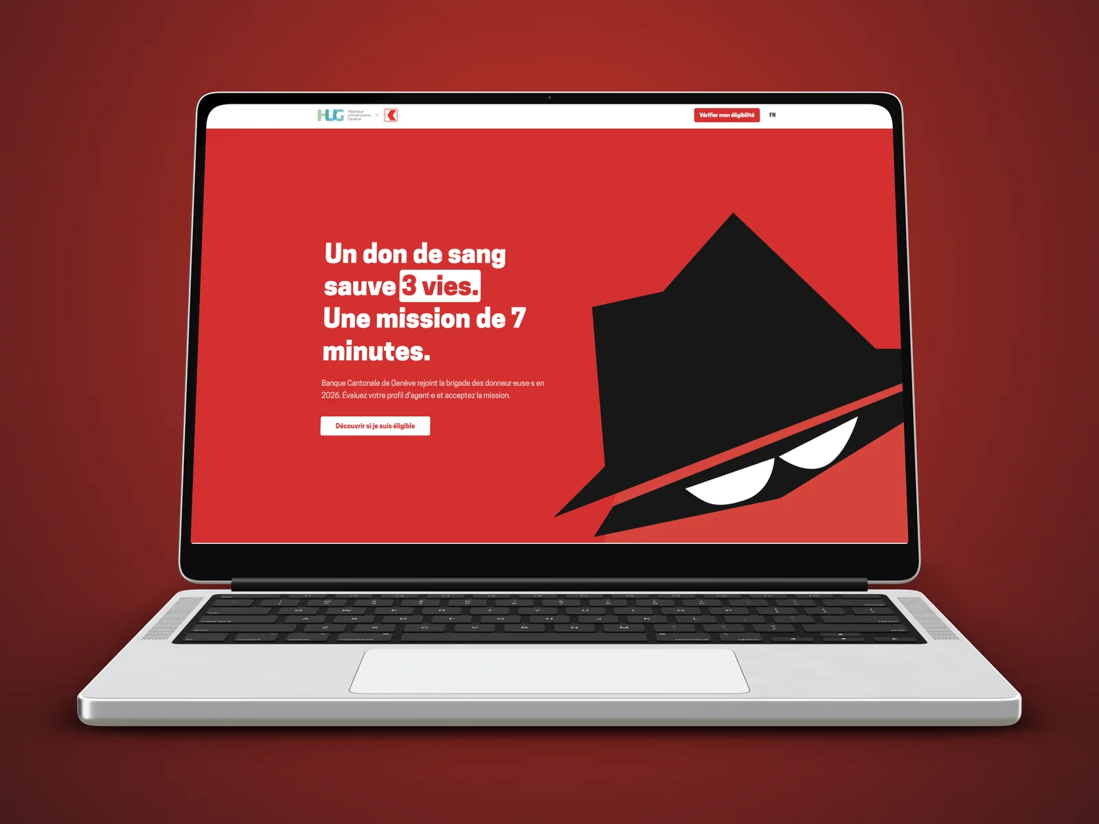 Page de la Banque Cantonale de Genève, en rouge : « Un don de sang sauve 3 vies. Une mission de 7 minutes. »