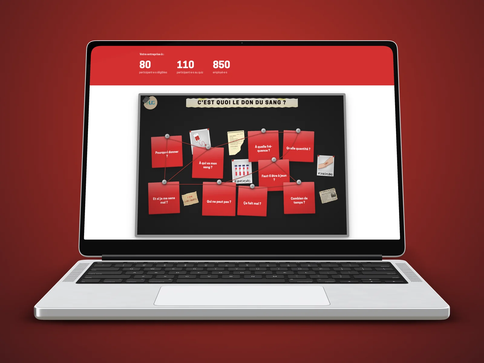 Tableau de liège avec des fiches reliées par des fils rouges : « C’est quoi le don du sang ? »