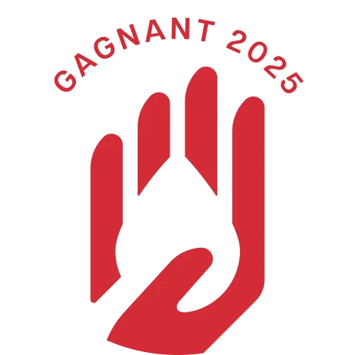 Sticker rond « Gagnant 2025 » avec la main du trophée